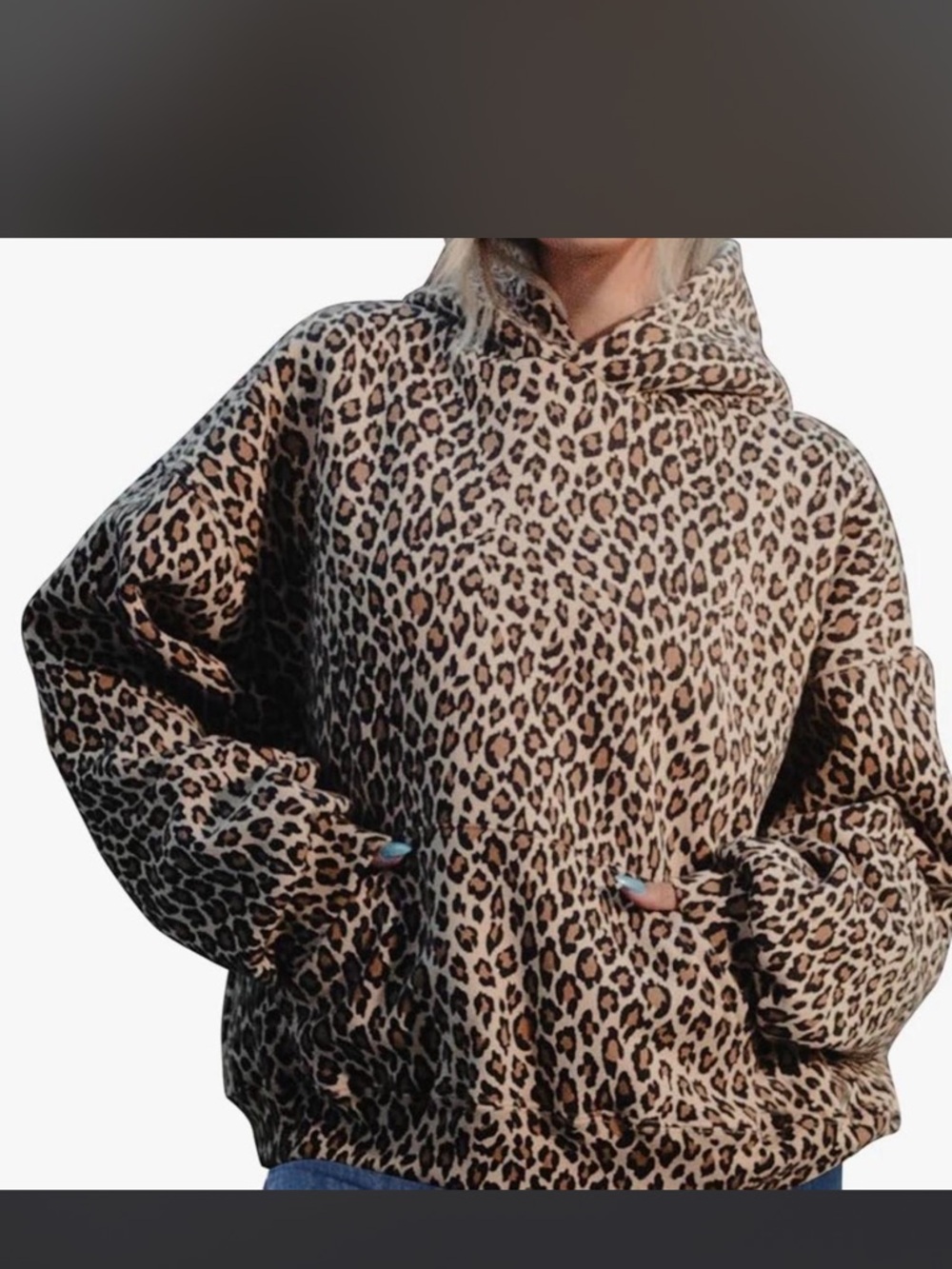 Leopard Print Hooded Pullover Sweatshirt - Tan & Black